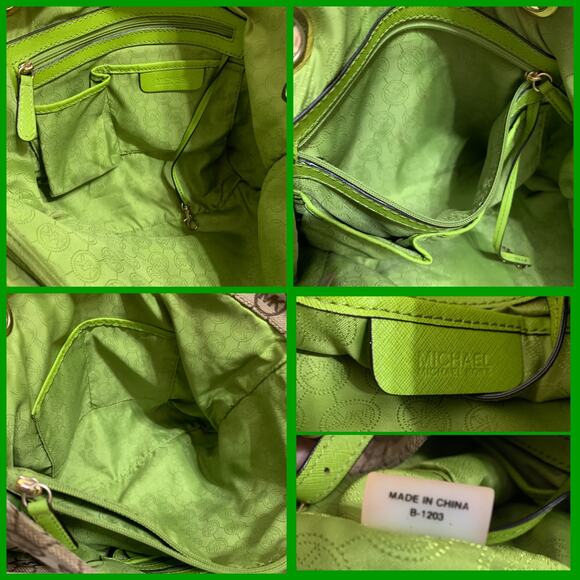 MICHAEL KORS JET SET Vintage Khaki Signature Canvas Pocket Tote w/Green Trim - Picture 12 of 16